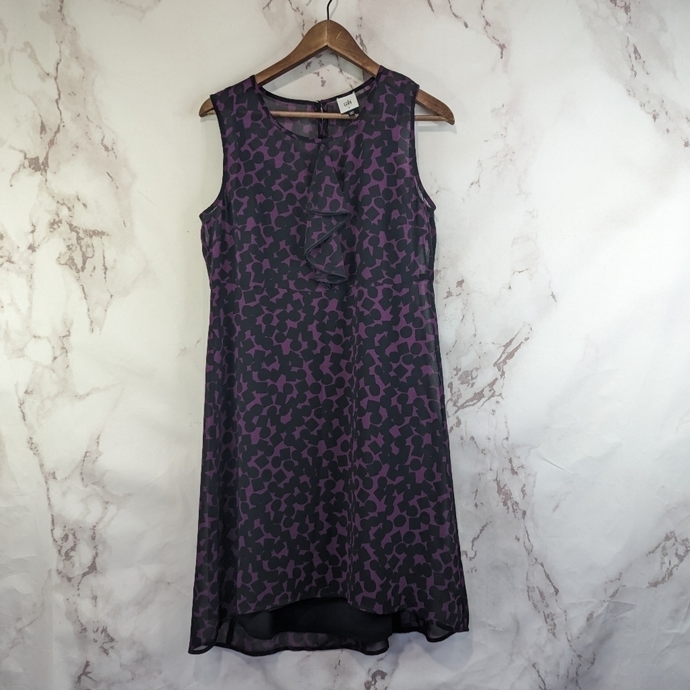 Cabi Dress Womens Small Purple Black Tank Blouson Chiffon Going Out Print 3876
